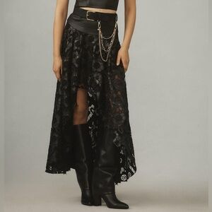 NWT Anthropologie Black Floral Faux Leather Hi Low Skirt sz 14